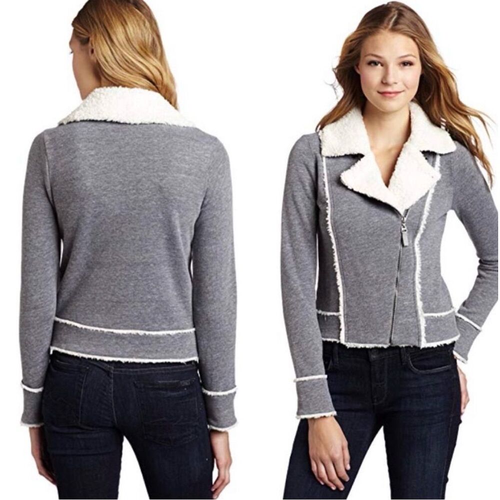 Splendid Women's Sherpa‎ Moto Jacket Gray Size L Asymmetrical Zip